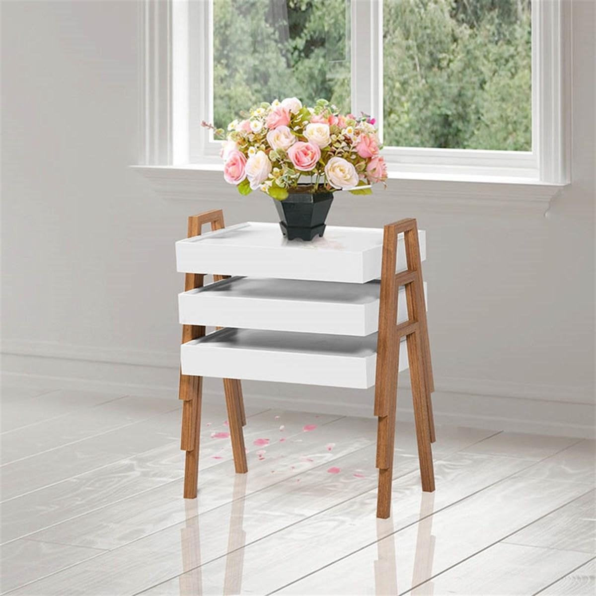 Bijzettafel | Set van 3 – Hout – Wit & Bruin