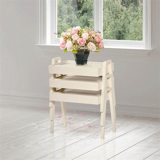 Bijzettafel | Set van 3 – Hout – Wit / Crème