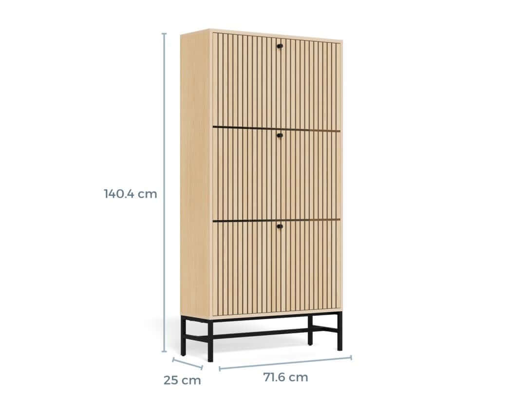 Schoenenkast Vela Oak – 3 Lades – Eikenlook Lamellen – 71,6 x 25 x 140,4 cm – Zwart Staal