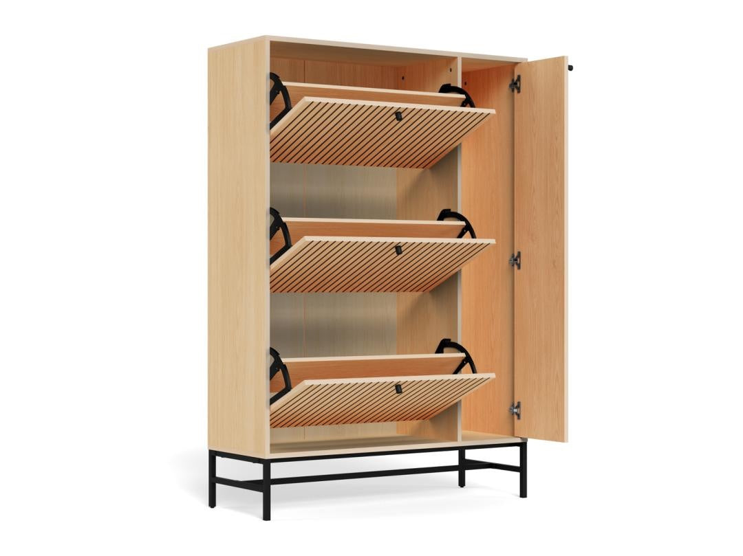 Schoenenkast Vela Oak XL – 3 + 1 Lades – Eikenlook Lamellen – Zwart Staal