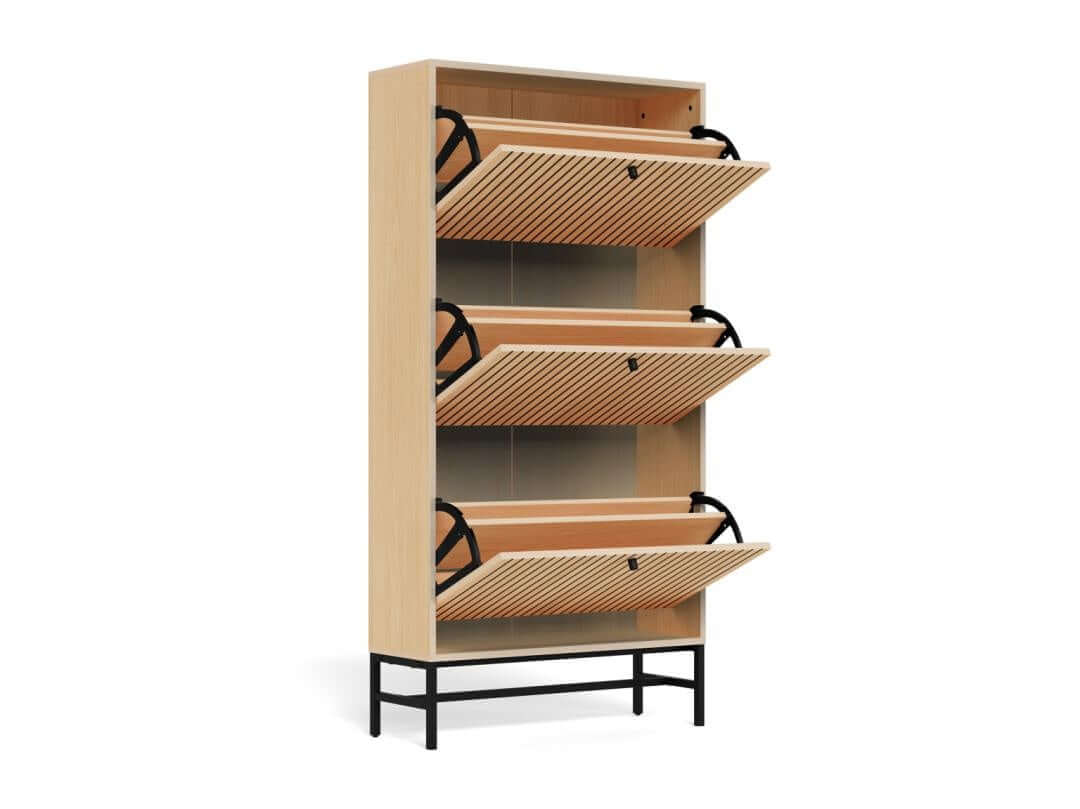 Schoenenkast Vela Oak – 3 Lades – Eikenlook Lamellen – 71,6 x 25 x 140,4 cm – Zwart Staal