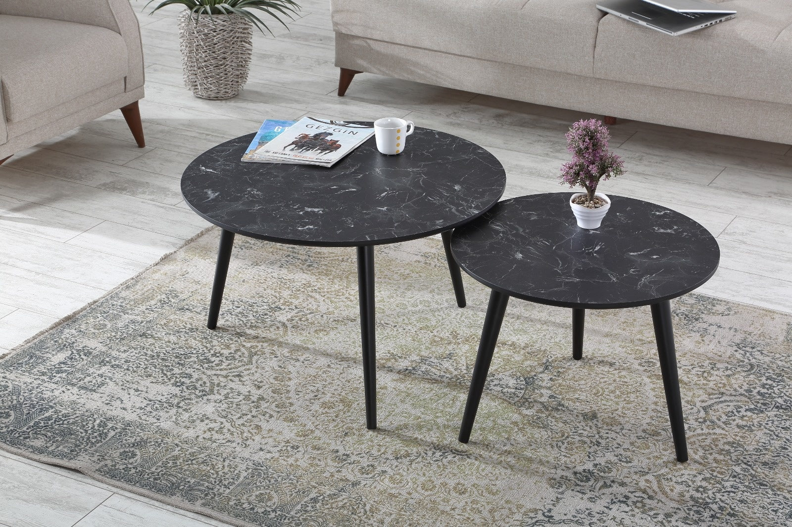 Salontafel Set van 2 - Marmer Look | Lotus Zwart - MDF
