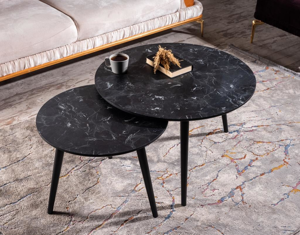 Salontafel Set van 2 - Marmer Look | Lotus Zwart - MDF