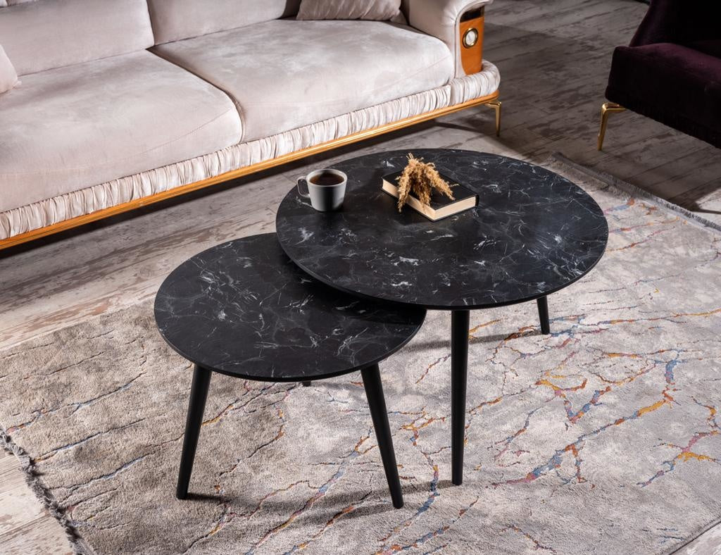 Salontafel Set van 2 - Marmer Look | Lotus Zwart - MDF