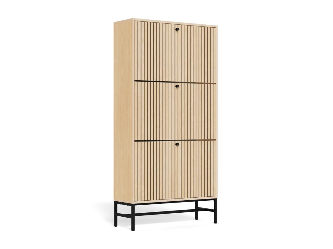 Schoenenkast Vela Oak – 3 Lades – Eikenlook Lamellen – 71,6 x 25 x 140,4 cm – Zwart Staal