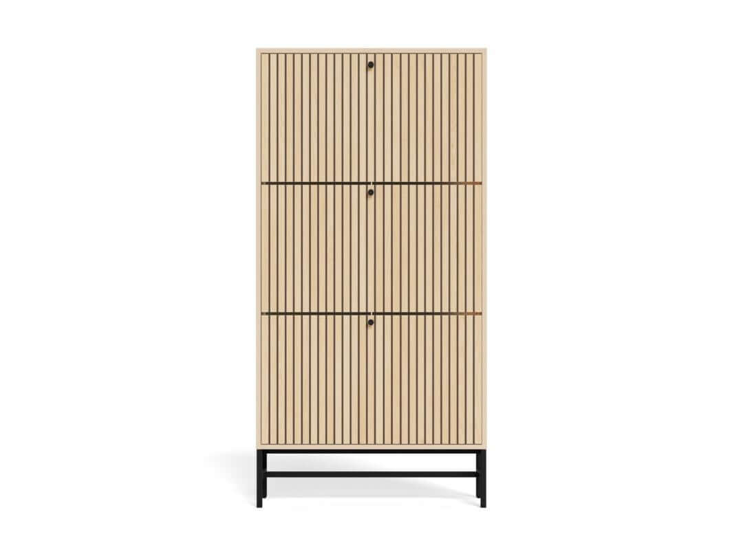 Schoenenkast Vela Oak – 3 Lades – Eikenlook Lamellen – 71,6 x 25 x 140,4 cm – Zwart Staal